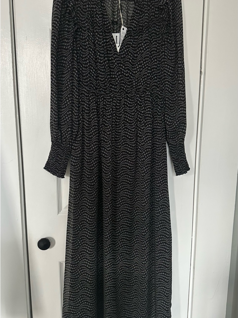 Ba&Sh Black Wave-Print Long Sleeve Midi Dress Size 0 NWT